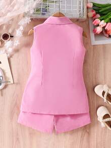 SHEIN Elladie kids Bộ 3 món cho bé gái (size nhỏ) gồm áo khoác, áo hai dây và quần short đính ngọc trai, trang phục mùa hè thanh lịch thường ngày. - Màu Hồng  Dưa hấu - Xem 2