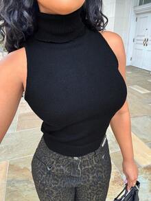 Alexandranx 女士秋冬新款高领无袖紧身罗纹黑色背心毛衣，适合日常穿着 - 黑色 - 查看 3