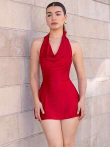 Andrea Bello 女式弹力缎面 V 领露背派对迷你连衣裙 - 紅色 - 查看 3