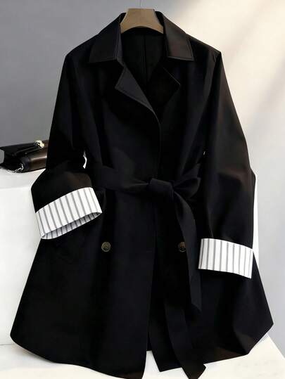 Franclia Casual Commuter Versatile Loose Double-Breasted Waist Tie Soft Twill Fabric Spring/Autumn Women Trench Coat, Mid-Length Windbreaker, Women's Casual Autumn