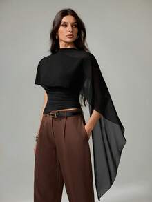 SHEIN Tall Áo len nữ dệt kim cổ nhún bèo bất đối xứng vai, kiểu dáng thanh lịch, thích hợp cho mùa thu/đông, màu đen. - màu đen - Xem 11