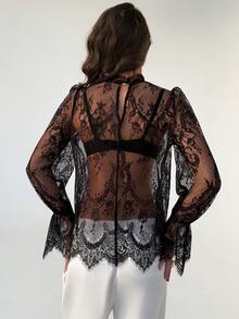 RiviMae Women's Sexy Lace Flare Sleeve Blouse, Stylish Beach Vacation Party Revealing Crop Top - Black - View 8