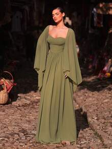 Aureia Đầm chiffon màu xanh lá cây thanh lịch, lãng mạn, thời trang không dây vai với phần ngực và khăn choàng bằng cotton, dáng chữ A, phù hợp cho các bữa tiệc sang trọng, váy dự tiệc cưới, đầm màu vàng xanh, đầm phù dâu thời trang và duyên dáng. - màu xanh lá - Xem 1