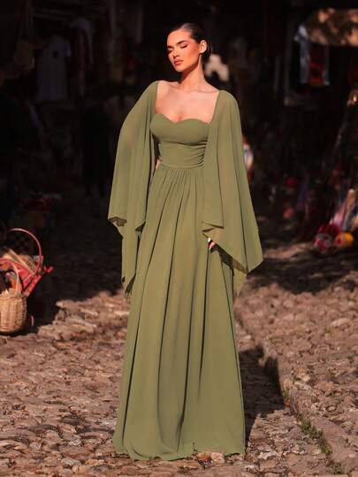 Aureia Đầm chiffon màu xanh lá cây thanh lịch, lãng mạn, thời trang không dây vai với phần ngực và khăn choàng bằng cotton, dáng chữ A, phù hợp cho các bữa tiệc sang trọng, váy dự tiệc cưới, đầm màu vàng xanh, đầm phù dâu thời trang và duyên dáng.