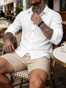 VENTUSAIL 男士白色纹理休闲长袖衬衫和松紧腰短裤套装，白色沙滩装，男士纹理衬衫，白色亚麻衬衫，男士白色衬衫，男士白色衬衫 - 彩色 - 查看 7