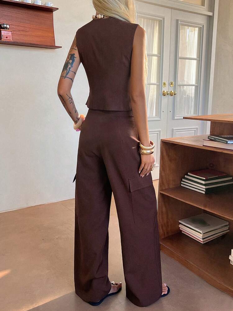 Women's Solid Color V-Neck Wrap Sleeveless Top And Long Pants Elegant 2-Piece Set Summer