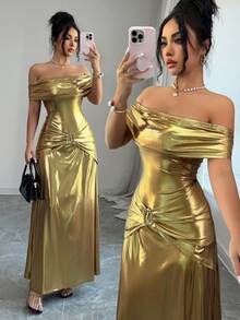 Rafferiza Women's Elegant Off-The-Shoulder, Fitted Waist, Coated Waist With Ruching And Metal Buckle Embellishments, Bodycon Fashion Dress. Other Styles Include Elegant Women's Dresses, Elegant Gowns, Luxurious Dresses, Yellow Dresses, Summer Dresses, Women's Summer Dresses, Spring Dresses, Women's Summer Outfits, Party Outfits, Elegant Women's Party Dresses, Off-The-Shoulder Dresses, Metallic Dresses, Elegant Long Dresses, And Shimmering Dresses.Turkish Abaya, Arab Long Robe Fall Summer For Women - Champagne - View 1