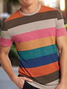 Manfinity Homme Men's Casual Everyday Contrast Stripe Round Neck Short Sleeve T-Shirt, Summer Summer Tops  Going Out Top  Vacation Outfits  Summer Top  Men Clothes  Holiday Outfits - Multicolor - View 5
