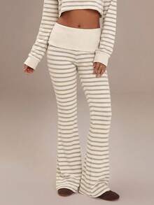 Women's Casual Striped Knit Flare Pants - Apricot - View 3