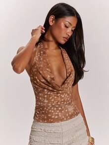 SHEIN BAE Nätstickad linne med draperad halsringning och rygglöst tryck, lämplig för vår-/sommarfester, musikfestivaler, sexig topp med rygglöst tryck, leopardmönstrad topp - Kaki - Visa 6