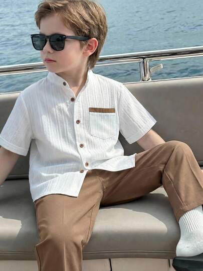 SHEIN Bộ 2 món/Bộ áo sơ mi tay ngắn và quần dài thường ngày mùa hè cho bé trai tuổi teen, ngày lễ, mùa hè, du lịch