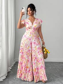 Elenzga 大码女士优雅休闲沙滩度假简约V领荷叶袖收腰显瘦长款印花连体裤 - 粉色 - 查看 4