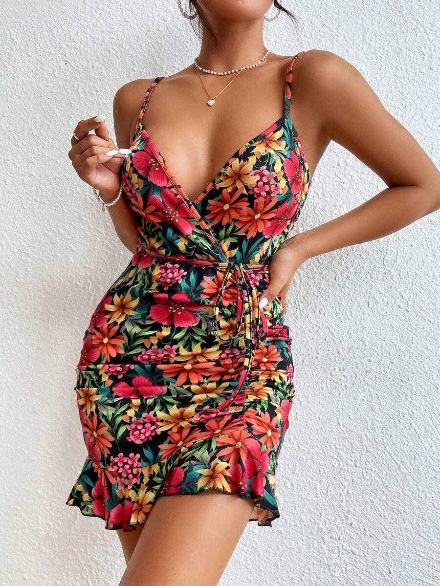 Breezaya Floral Print Ruffle Hem Belted Cami Bodycon Dress - Multicolor - View 1
