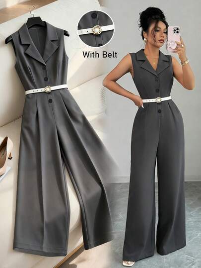 Franclia Sleeveless Gray Jumpsuit With Lapel Collar, Single-Breasted Waist Design, Wide-Leg Pants, Versatile For Work And Commute, Slimming And Elegant, Crisp Fabric, White Belt Accent Elegant Jumpsuits Pantsuit For Women Pant Suit Summer Sets Two Piece Set Women Elegant Suit Dress