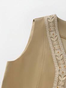 SHEIN Franclia Conjunto de 2 piezas de top de tirantes y falda de verano para mujer, con parches de encaje y cremallera - Caqui - Ver 3