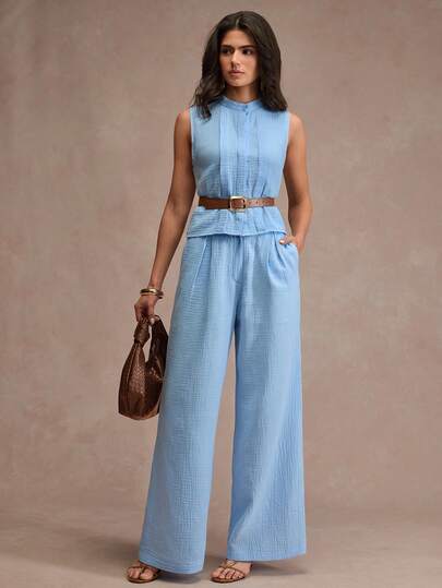 CLARA VERO Set da due pezzi con pantaloni a gamba ampia e cintura, senza maniche, colore beige: vita rilassata e pantaloni fluidi, perfetto per look da ufficio moderni o brunch eleganti, realizzato in poliestere doppio non elastico con bottoni coperti, chiusura lampo nascosta e cintura in finta pelle staccabile