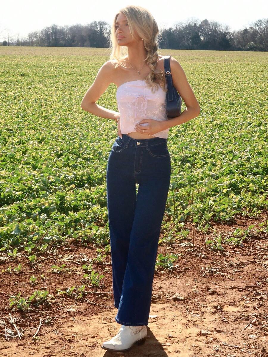 Sydney Algeri 休闲高腰直筒洗水牛仔裤 - 深色水洗藍 - 查看 1