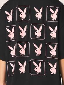 Missguided x Playboy Oversized Graphic T Shirt With Pink Bunny Print Short Sleeve Crew Neck Cotton Casual Streetwear Fashion Top - Black - View 5