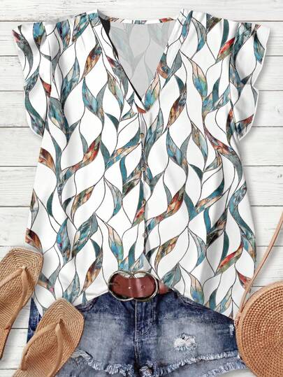 Rusticease Women's Vintage Leaf Print Casual Blouse, Suitable For Early Autumn, Business Casual, Outdoor Wear Chic Blouses For Women