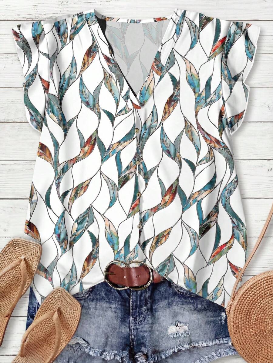 Rusticease 女士复古树叶印花休闲衬衫，适合初秋、商务休闲、户外穿着 - 彩色 - 查看 1