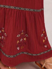 Mulvari Women's Embroidered Round Neck Lantern Sleeve Elegant Dress - Burgundy - View 11