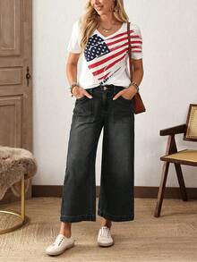 Plus Size Casual Vintage Washed Wide Leg Jeans - Black - View 4
