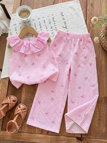 SHEIN LMoss Kids 2pcs Young Girl Chiffon Ditsy Floral Ruffle Hem Top And Loose Pants Set - Multicolor - View 3