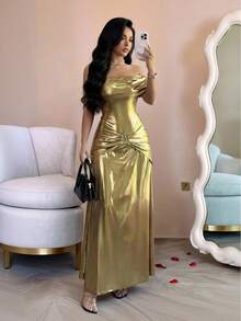 Rafferiza Women's Elegant Off-The-Shoulder, Fitted Waist, Coated Waist With Ruching And Metal Buckle Embellishments, Bodycon Fashion Dress. Other Styles Include Elegant Women's Dresses, Elegant Gowns, Luxurious Dresses, Yellow Dresses, Summer Dresses, Women's Summer Dresses, Spring Dresses, Women's Summer Outfits, Party Outfits, Elegant Women's Party Dresses, Off-The-Shoulder Dresses, Metallic Dresses, Elegant Long Dresses, And Shimmering Dresses.Turkish Abaya, Arab Long Robe Fall Summer For Women - Champagne - View 6