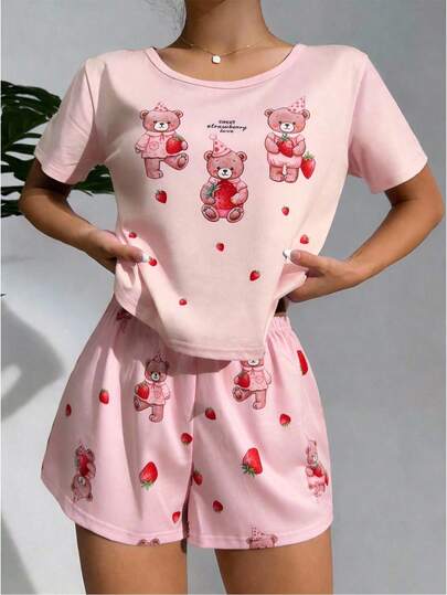 2pcs/Set Girls Bear Print Shorts And Short Sleeve Top, Casual Loungewear