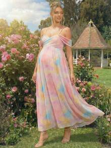 Loomaby Pregnant Women's Elegant Tie-Dye Off-Shoulder Ruched Dress, Summer Dress Gender Reveal Dress Maternity Dress Baby Shower Dress - Multicolor - View 7