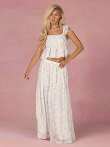 Athîral Women's White And Blue Floral 2-Piece Set,Summer Boho Vacation Holiday Cute Short Sleeve Top And Long Skirt,Floral Print Beach Outfit - Yellow - View 3