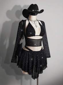 SHEIN ICON 大码女式网纱亮片长袖吊带上衣和短裤性感套装 - 黑色 - 查看 6
