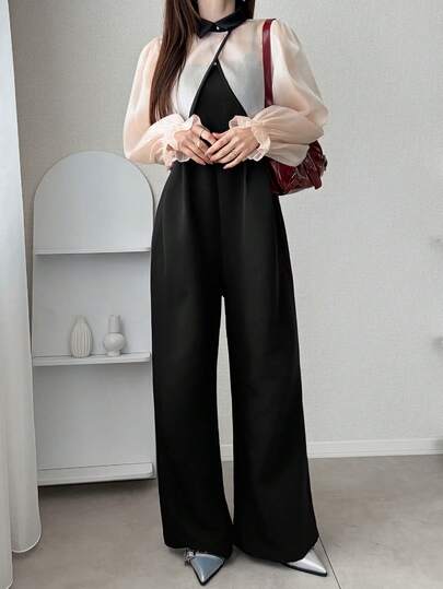 FRIFUL Women's Criss-Cross Wrap Cover Up With Contrast Color Camisole & Wide Leg Jumpsuit 2 Pieces Set