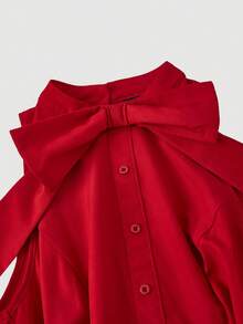 SHEIN MOD Red Summer Cottage Core Picnic Woven Dress,Sleeveless High Neck Large Bow Tie,Button-Front Fitted Gathered Waist,Double-Layered Flared Ruffle Hem - Red - View 4