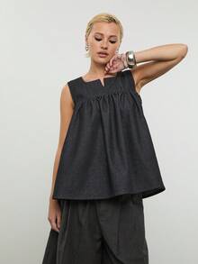 COUREZ Women's Charcoal Gray Sleeveless Denim Smock Layering Top,Chic Everyday Summer Cute Black Structured Pleated Tops Y2K Spring Break Outfits - Black - View 2