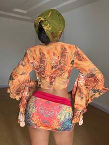 StreetHx Áo sơ mi nữ màu vàng in hoa, thiết kế bất đối xứng, cổ chữ V gợi cảm, phong cách Bohemian. - Màu vàng - Xem 2