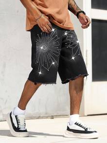 Manfinity EMRG Stylish Men's Rhinestone Black Denim Bermuda Shorts Avant-Garde Street Casual With Graphic Pattern - Black - View 4