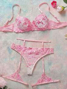 3-Piece Women's Sexy Light Purple Lingerie Set For Going Out - Pink - View 4