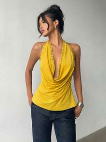 Aloruh Áo hở lưng cổ chữ V khoét sâu gợi cảm đính đinh tán, thích hợp cho mùa hè. - Màu vàng - Xem 8