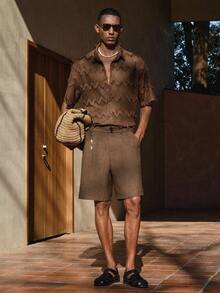 Business Casual Men's Coffee Brown Casual Modern Woven Fabric Bermuda Track Shorts With Zipper Detail Men's White Woven Casual Elastic Waist Straight Leg Shorts, Suitable For Summer, Vacation, Daily Wear, Party, Couple Matching, Father's Day Gift Brown Shorts For Men Brown Jorts Men's Vacation Clothes Men Shorts Linen Shorts For Men Brown Pants Brown Trouser Aknotic Keychain Mens Clothes Pants Herringbone Pattern - Coffee Brown - View 5