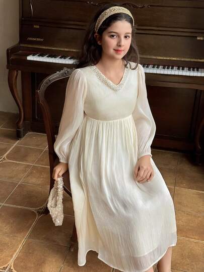 Dazy Kids Tween Girl Solid Color Patchwork Sequin V-Neck Long Sleeve Dress