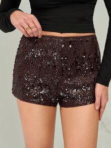 SHEIN Tall Women's Brown Sequin Shorts,Seductive Shiny Sparkly Burgundy Shorts,Summer Night Club Wear For Night Out,Christmas,New Year Party & Concert, Tall Women - Brown - View 13