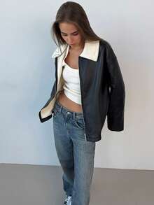 Aloruh 谷仓夹克，女士秋冬新款日常旅行通勤时尚长口袋保暖内衬保暖毛绒皮革毛领夹克拉链外套 - 黑色 - 查看 7