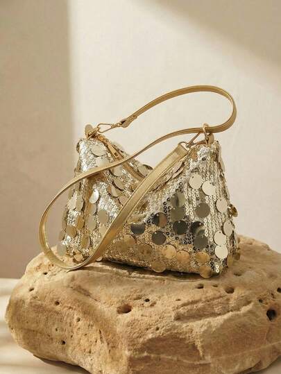 Arave 1pc Gold Color Crescent Moon Shaped PVC Sequin Shoulder Bag For Women