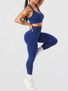 Solea Cove Royal Blue Summer Athleisure Gym Seamless Yoga Set,No See-Through Square Neck Sports Bra And Scrunch Leggings,Buttery Soft 2 Piece Workout Set - Navy Blue - View 5