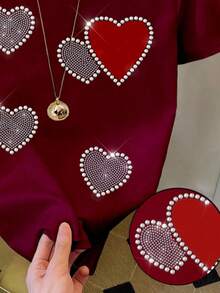 Girls' Short Fitted T-Shirt, Casual Minimalist Heart & Rhinestone Print Sleeve Round Neck Tee, Suitable For Summer, American Style, Wine Red - Pink - View 7