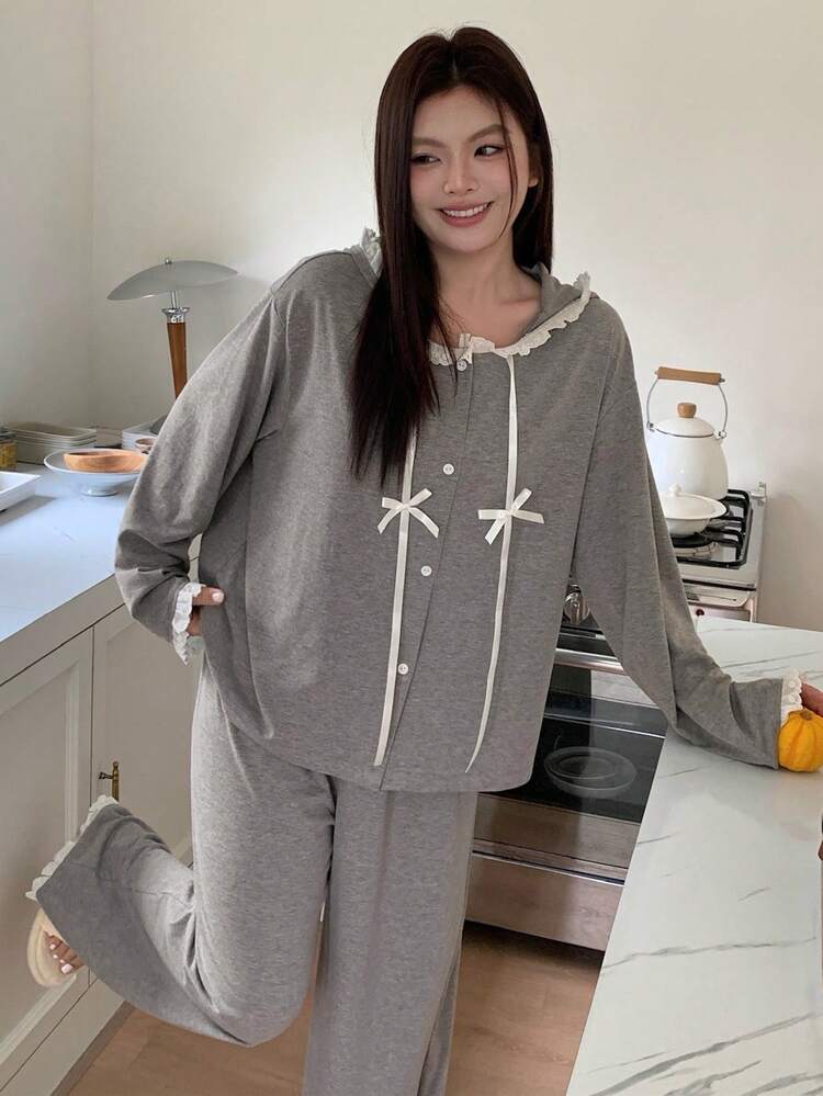 Dazy Plus Plus Size Women Solid Color Contrast Lace Casual Hooded Long Sleeve Top And Straight Leg Loose Pajama Pants Set, Spring/Autumn