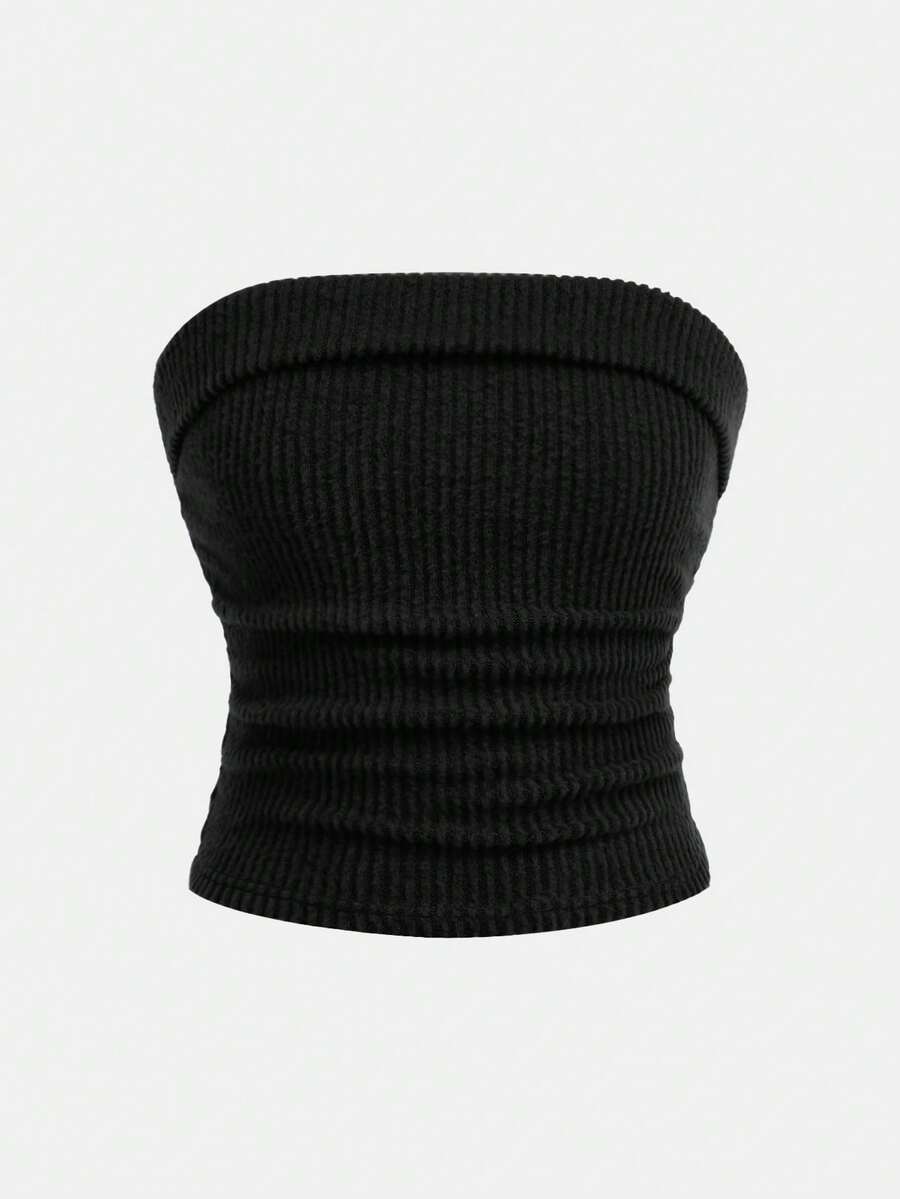 SHEIN 少女纯色毛绒罗纹休闲修身褶皱吊带背心 - 黑色 - 查看 1