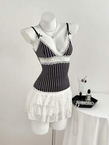 Elamini 夏季性感V领蕾丝条纹拼接镂空吊带背心 - 黑色 - 查看 5