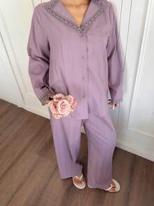 Dazy Plus Casual Textured Fabric Contrast Lace Elegant Long Sleeve Top And Loose Straight Leg Pajama Pants Set, Spring/Autumn - Purple - View 8